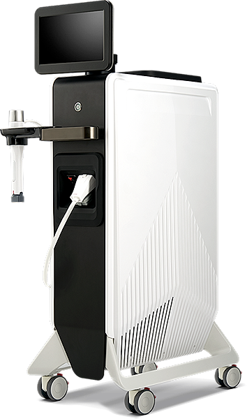 Medical treatment device on wheels with display.
