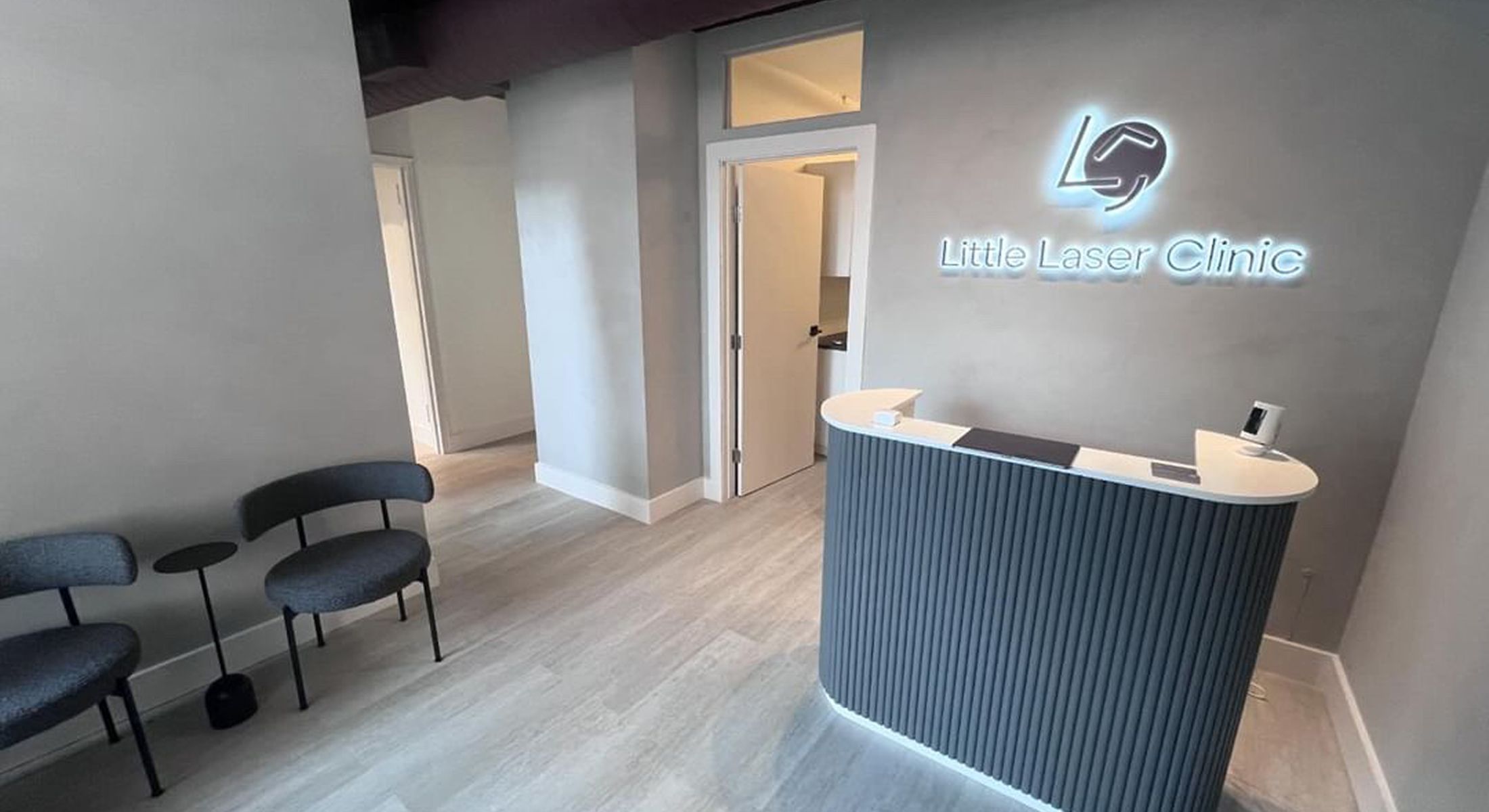 Modern reception area of a laser clinic.